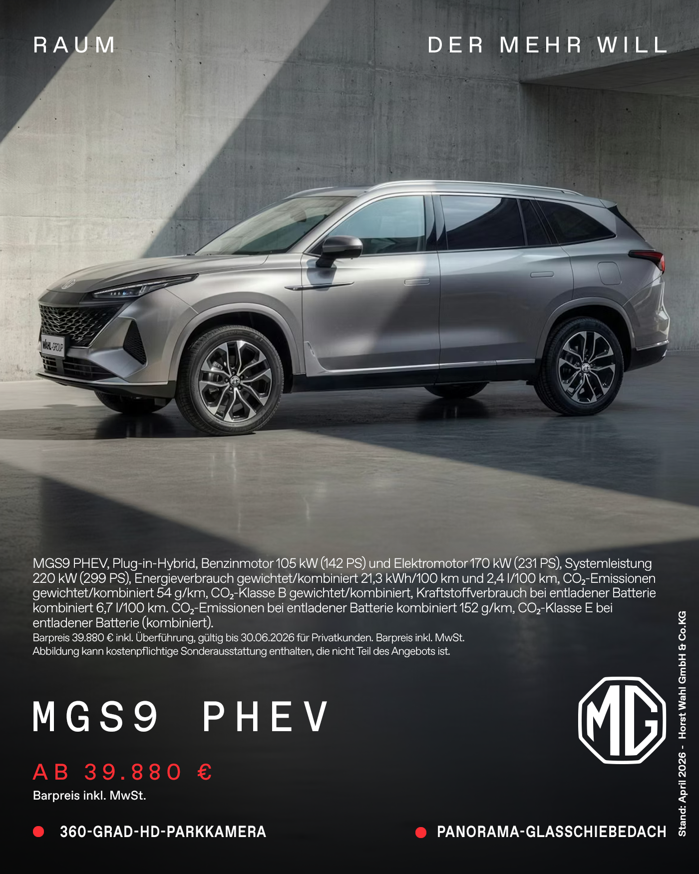 MGS9 PHEV – Barpreisangebot Privatkunden 39.880 EUR bei Autohaus Wahl